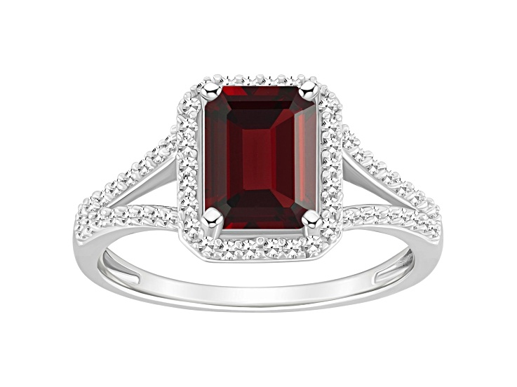 8x6mm Emerald Cut Garnet 1/4 ctw Diamond Rhodium Over Sterling Silver Halo Ring