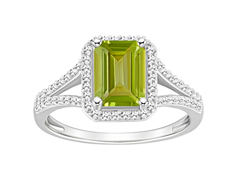 8x6mm Emerald Cut Peridot 1/4 ctw Diamond Rhodium Over Sterling Silver Halo Ring