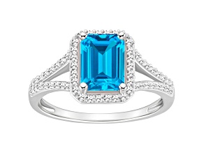 8x6mm Emerald Cut Blue Topaz 1/4 ctw Diamond Rhodium Over Sterling Silver Halo Ring