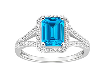 Picture of 8x6mm Emerald Cut Blue Topaz 1/4 ctw Diamond Rhodium Over Sterling Silver Halo Ring