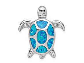 Rhodium Over Sterling Silver Lab Created Blue Opal Turtle Slide Pendant