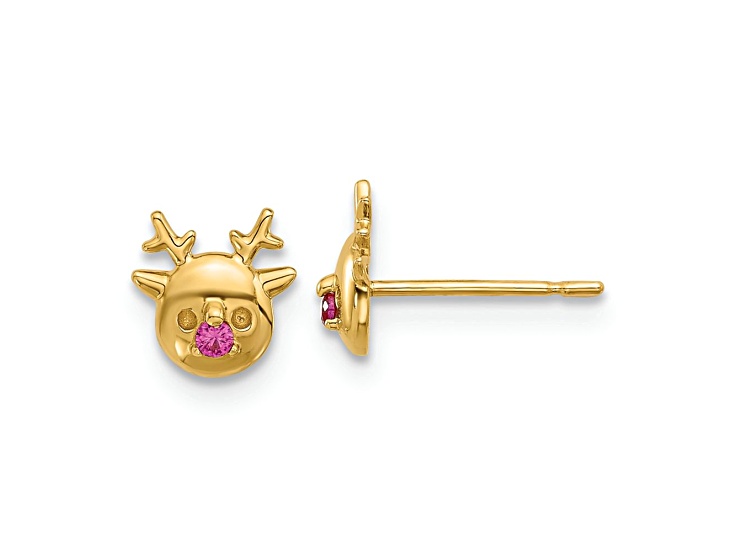 14k Yellow Gold Children's Polished Cubic Zirconia Reindeer Stud Earrings