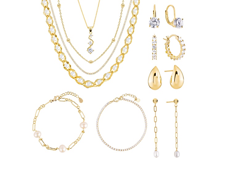 White Cubic Zirconia 14k Yellow Gold Over Brass 10 Days of Gifting Jewelry Set With Box 21.70ctw