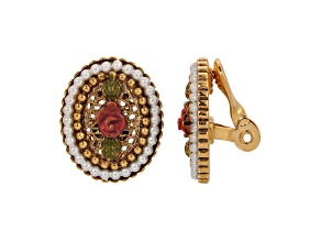 Gold Tone Faux Pearl Red Flower Oval Clip Earrings