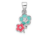 Rhodium Over Sterling Silver Blue and Pink Enamel with Cubic Zirconia Floral Children's Pendant