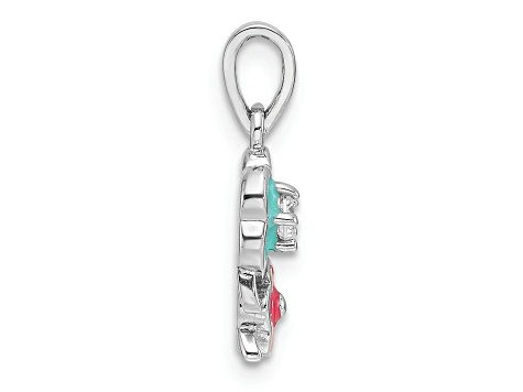 Rhodium Over Sterling Silver Blue and Pink Enamel with Cubic Zirconia Floral Children's Pendant