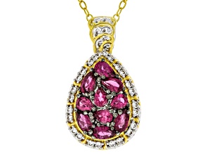 Red Rubellite and White Zircon Rhodium & 24k Gold Over Palladium Silver Pendant W/ Chain 2.10ctw