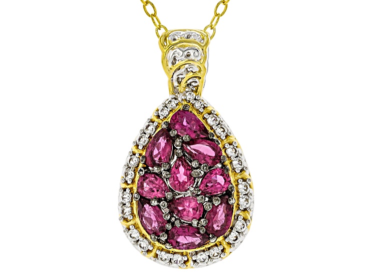 Red Rubellite and White Zircon Rhodium & 24k Gold Over Palladium Silver Pendant With Chain 2.10ctw