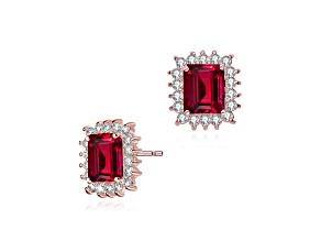 18K Rose Gold Plated over Brass Square Stud Earrings with Ruby Red Cubic Zirconia