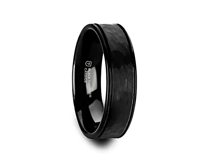 JOINER Hammered Finish Black Tungsten Carbide Wedding Band with Offset Grooves/Polished Edges 6mm