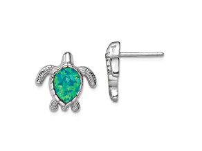 Rhodium Over Sterling Silver Green Lab Created Opal Turtle Post Earrings