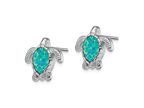 Rhodium Over Sterling Silver Green Lab Created Opal Turtle Post Earrings