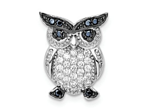 Rhodium Over Sterling Silver Black and Clear Cubic Zirconia Owl Chain Slide