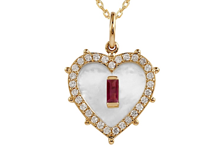 Mother Of Pearl, Ruby and Moissanite 14k Yellow Gold Over Sterling Silver Necklace