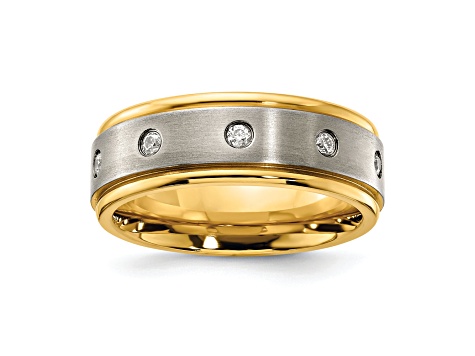 White Cubic Zirconia Yellow IP-Plating Over Titanium 8mm Men's Band Ring