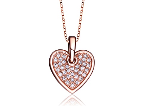 18k Rose Gold Plated over Sterling Silver with Clear Cubic Zirconia Pave Heart Necklace