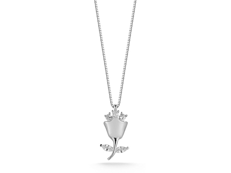 Sterling Statements Rhodium Over Sterling Silver CZ Rose Necklace