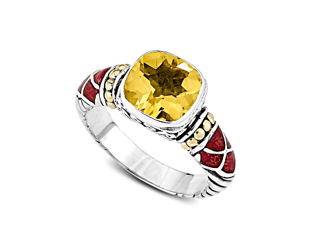 Silver Treasures by Samuel B. Citrine, Coral Inlay Sterling Silver/18k Gold Over Silver Ring 3.00ct