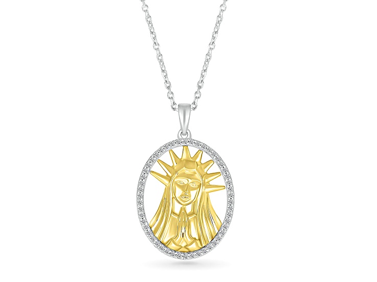 White Diamond Rhodium and 14K Yellow Gold Over Silver Virgin Mary Pendant With 18" Chain 0.20ctw