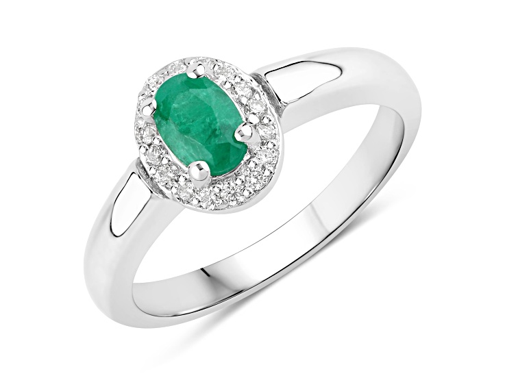 Green Zambian Emerald and Lab Grown Diamond Sterling Silver Oval Halo Ring 0.57ctw