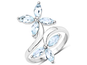 Aquamarine Flower Ring Rhodium 925 Sterling Silver Bypass Cluster Ring Gift For Friend