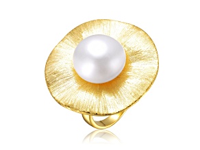 Genuine Freshwater Pearl, 14K Yellow Gold Plated over Sterling Silver Floral Ring