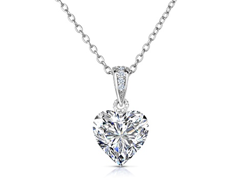 Rhodium Plated over Sterling Silver with White Color Cubic Zirconia Heart-shape Necklace