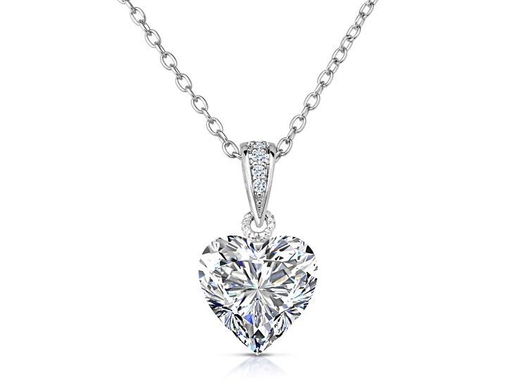 Rhodium Plated over Sterling Silver with White Color Cubic Zirconia Heart-shape Necklace