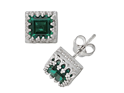 Princess Cut Lab Created Emerald Sterling Silver Stud Earrings 1.80ctw