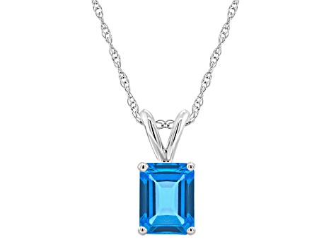 8x6mm Emerald Cut Blue Topaz 14k White Gold Pendant With Chain