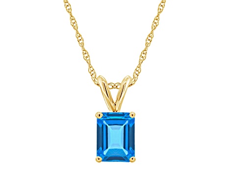 8x6mm Emerald Cut Blue Topaz 14k Yellow Gold Pendant With Chain