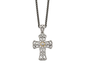 Sterling Silver Antiqued with 14K Accent Diamond Cross Necklace