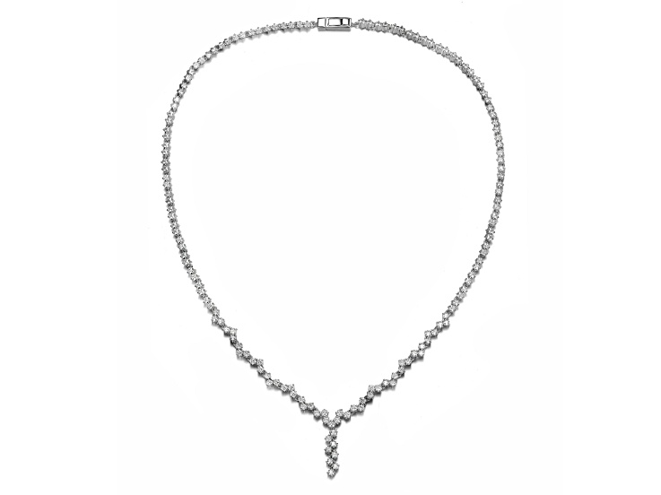 Rhodium Plated over Sterling Silver with Clear Princess Cubic Zirconia ZigZag Style Necklace
