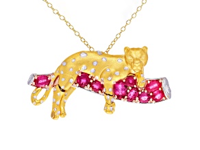 Red Rubellite 24K Yellow Gold Over Sterling Silver/Palladium Silver Panther Brooch/Pendant 3.65ctw