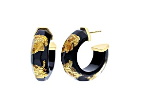 14K Yellow Gold Over Sterling Silver with Gold Leaf Faceted Lucite Huggies in Black
