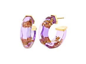 14K Yellow Gold Over Sterling Silver with Gold Leaf Faceted Lucite Huggies in Purple
