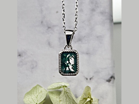 Octagon Green Moss Agate Rhodium Over Sterling Silver Pendant Style Necklace