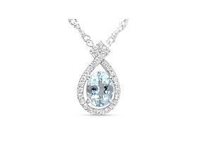 Oval Aquamarine and Cubic Zirconia Rhodium Over Sterling Silver Pendant with chain, 1.13ctw