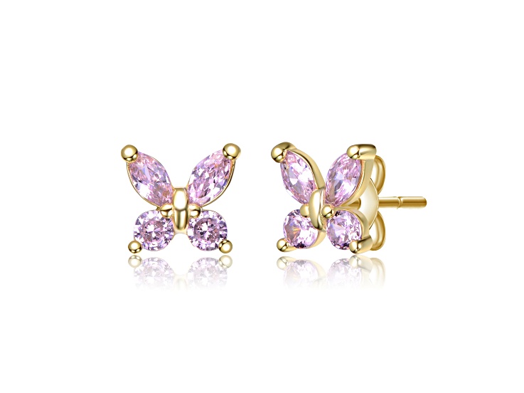 Pink Cubic Zirconia, 14K Gold Plated over Sterling Silver Flower Butterfly Stud Earrings for Kids
