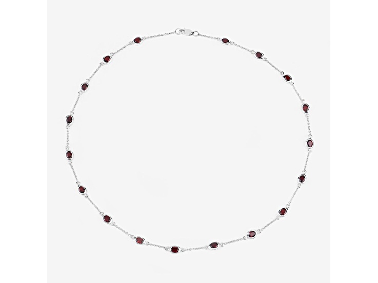 Oval Red Garnet By the Yard Rhodium Over Sterling Silver Station Necklace 8.1ctw