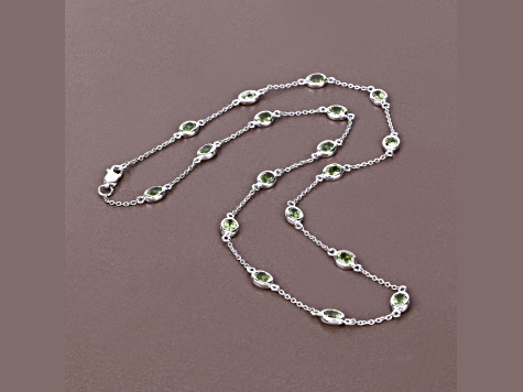 Oval Green Peridot By the Yard Rhodium Over Sterling Silver Station Necklace 6.3ctw