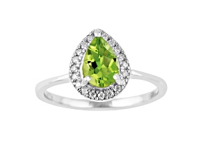 Pear Shape Peridot with Moissanite Accents Rhodium Over Sterling Silver Ring