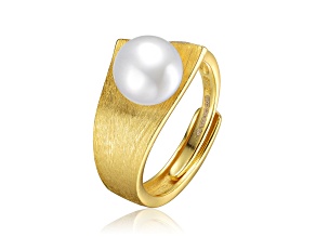 Genuine Freshwater Pearl, 14K Yellow Gold Plated over Sterling Silver Linear Adjustable Ring