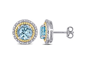 3.17ctw Sky Blue Topaz and.17ctw Diamond Halo Earrings in Yellow Plated Sterling Silver