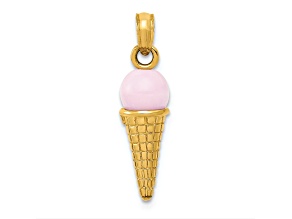 14k Yellow Gold Satin, Polished and Textured 3D Pink Quartz Ice Cream Cone Charm