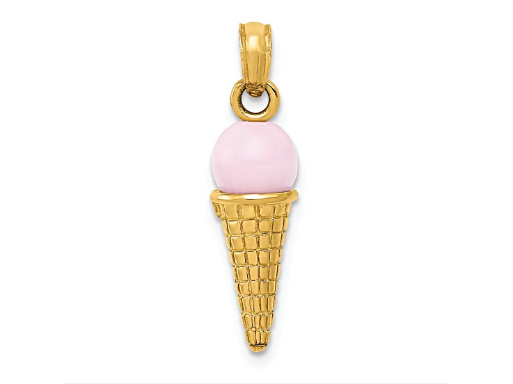 14k Yellow Gold Satin, Polished and Textured 3D Pink Quartz Ice Cream Cone Charm