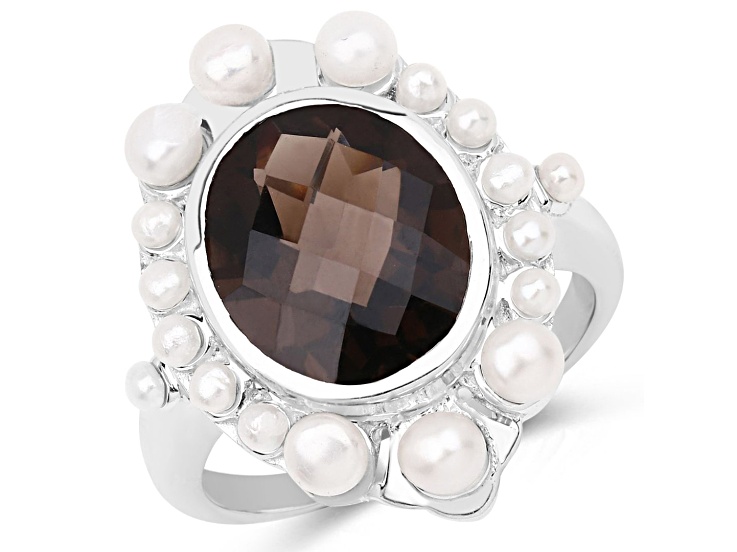 Oval Brown Smoky Quartz and Pearl Rhodium Over Sterling Silver Halo Ring