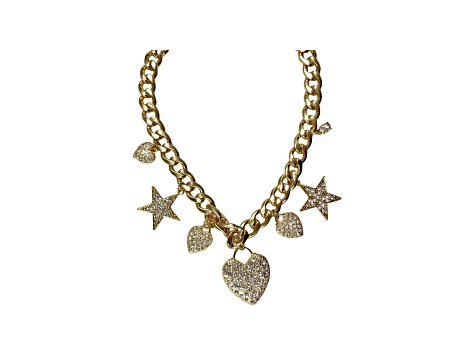 Gold Tone Crystal Stars and Heart Charms Pendant Necklace.