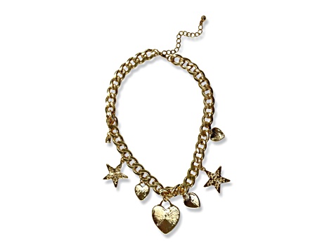 Gold Tone Crystal Stars and Heart Charms Pendant Necklace.