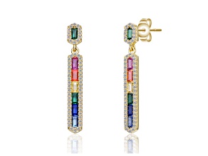 Multi-Color Cubic Zirconia, 14k Yellow Gold Plated over Sterling Silver Linear Dangle Earrings